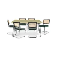 pack table à manger design industriel 150cm & 6 chaises de salle à manger en rotin - tapisserie en velours - hyre vert foncé