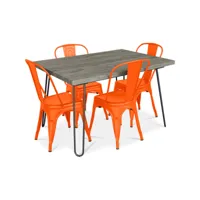 table de salle à manger design 120cm + 4 chaises de salle à manger - design industriel - hairpin stylix orange