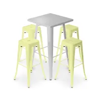 pack tabouret table & 4 tabourets de bar design industriel - métal - nouvelle edition - bistrot stylix jaune pâle