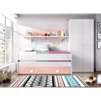 lit enfant ortles, structure avec deuxième lit gigogne, lit simple pour chambre avec 1 tiroir et étagère, 200x99h74 cm, blanc et rose 8052773872119