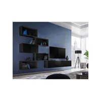 ensemble meuble tv mural cube 8 design coloris noir et noir brillant. meuble de salon suspendu