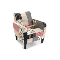 versa romantic patchwork fauteuil pour salon, chambre ou salle à manger, canapé confortable et différent, avec accoudoirs, dimensions (h x l x l) 71 x 77 x 65 cm, coton et bois, couleur: bleu 19500604