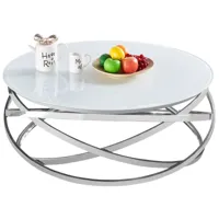 table basse design rond avec piètement en acier inoxydable poli argenté et plateau en verre trempé blanc l. 100 x h. 43 cm collection enrico viv-95840