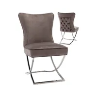 chaise de salle à manger design avec capitonnage à l'arrière revêtement en velours marron et piètement croisée en acier inoxydable argenté collection cavalli viv-96776