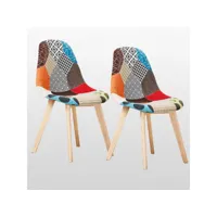 lot de 2 chaises patchwork tulipe scandinave - tissu recouvert de pieds en bois - multicolore