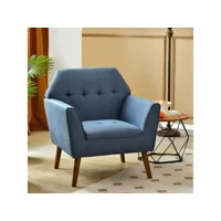 costway fauteuil salon scandinave capitonné, petit fauteuil crapaud rembourrée avec pieds en bois caoutchouc, fauteuil canapé 1 personne pour salon, chambre, bureau, bleu