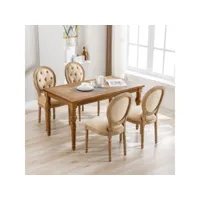 4 chaises rembourré de salle à manger avec boutons capitonnés, dossier rond, chaise médaillon, pieds en bois, velours, beige