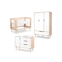 chambre complète lit bébé - commode à langer - armoire 3 portes littlesky by klups sofie hêtre et blanc
