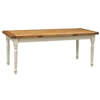 table à rallonge style  champêtre en bois massif de tilleul avec structure antique blanche et plan en finition naturelle l200xpr