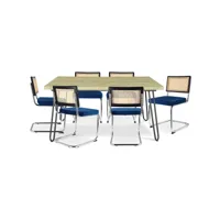 pack table à manger design industriel 150cm & 6 chaises de salle à manger en rotin - tapisserie en velours - hyre bleu foncé