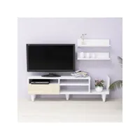homemania lena meuble tv avec étagères, portes, tablettes - du salon -blanc, chêne en bois, 148,2 x 29,5 x 45 cm