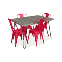table de salle à manger design 120cm + 4 chaises de salle à manger - design industriel - hairpin stylix rouge