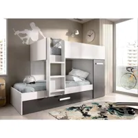 lit enfant dcierv, chambre complète avec armoire et tiroir, composition de lits superposés avec deux lits simples, 244x112h150 cm, blanc et anthracite 8052773875929