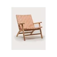 fauteuil lounge en teck et cuir saumon - 66 cm - couleur marron