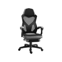 homcom fauteuil gaming chaise gamer dossier et hauteur réglable roulettes pivotantes repose-pied tissu maille gris noir
