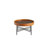 table basse ronde en bois de noyer rembourrée en cuir et acier noir