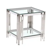 table d'appoint design en acier inoxydable poli argenté et plateau en verre trempé transparent  l. 55 x p. 55 x h. 55 cm collection milano viv-95784