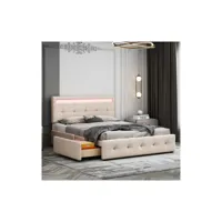 lit double avec led, sommier à lattes et tiroir à roulettes, beige 140 x 200 cm moselota