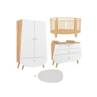 chambre complète lit bébé 60x120 commode à langer et armoire cocon - blanc et hêtre