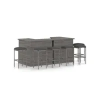 meuble de bar de jardin 8 pcs - mobilier de patio avec coussins résine tressée gris unique