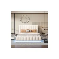 lit capitonné double 140x200cm avec led, sommier en métal, tête de lit réglable en hauteur, blanc(sans matelas)