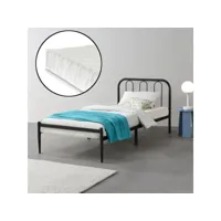 cadre de lit en métal robuste sommier à lattes lit simple avec matelas mousse à froid acier laqué polyester 90 x 200 cm noir mat