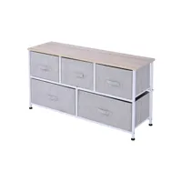 commode meuble de rangement dim. 100l x 30l x 54h cm 5 tiroirs non-tissés gris structure métal blanc plateau mdf bois clair