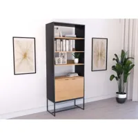 bibliothèque 3 étagères et 2 tiroirs en bois clair et métal noir tissia