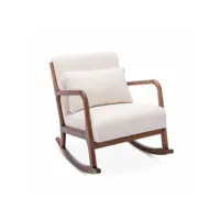 fauteuil à bascule design en bois et tissu. bouclettes blanches. structure hévéa teinté noyer clair