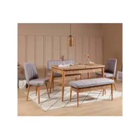 set table extensible, 2 chaises, banc et banquette malva bois clair et tissu gris