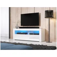 meuble banc tv - 140 cm - blanc mat / blanc brillant - avec led - style moderne mex
