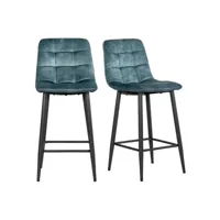 lot de 2 chaises de bar en velours bleu et piètement métal noir - nami