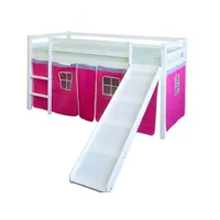 lit mezzanine 90x200cm avec échelle toboggan en bois blanc et toile rose rouge lit06114