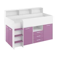 lits superposés neo l - meubles pour chambre d'enfant, un lit avec bureau, des étagères, des tiroirs : côté gauche (blanc/lavande)
