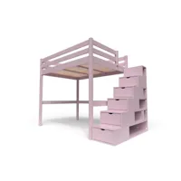 lit mezzanine bois avec escalier cube sylvia 140x200  violet pastel cube140-vip