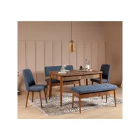 set table extensible, 2 chaises, banc et banquette malva bois foncé et tissu bleu foncé