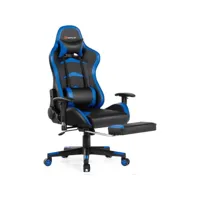giantex chaise gaming cuir pvc, siège gamer ergonomique pivotant, fauteuil de bureau réglable en hauteur et accoudoirs réglables, repose-pieds rétractable et dossier réglable charge 150kg bleu