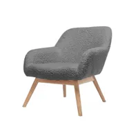 malmo - fauteuil lounge en tissu laine bouclé gris, pieds bois