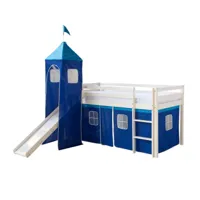 lit mezzanine 90x200cm avec échelle toboggan en bois blanc et toile bleu incluse lit06152