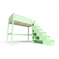 lit mezzanine bois avec escalier cube sylvia 90x200 vert pastel cube90-vp