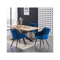 table à manger coloris chêne + 4 chaises de salle à manger en velours capitonnées bleues - style design & contemporain