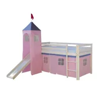 lit mezzanine 90x200cm avec échelle toboggan en bois blanc et toile rose incluse lit06153