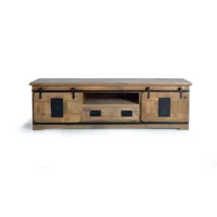 meuble tv 2 portes coulissantes 1 tiroir - bois de manguier, métal - coloris naturel - 55x180x50 cm