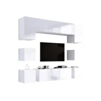 ensemble meuble tv mural, unité murale , blanc mat/blanc brillant, meuble mural à led pour salon