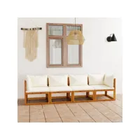 canapé fixe 4 places de jardin  sofa banquette de jardin avec coussin crème bois d'acacia meuble pro frco70299