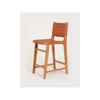 lot de 2 chaise de bar en teck massif et cuir vachette tressé marron - 45 cm - couleur ma