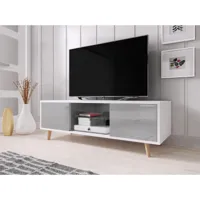 meuble banc tv - 140 cm - blanc mat / gris brillant - style scandinave sweden