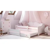 lit simple pour enfants, canapé-lit avec deuxième lit gigogne, lit décoré avec protection antichute, cm 164x88h70, couleur blanc et rose 8052773620352