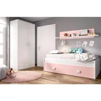 lit enfant dkasam, lit coffre pour chambres, structure de lit simple avec tiroirs et étagère, 195x97h44 cm, blanc et rose 8052773875974