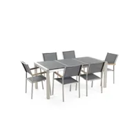 table de jardin en plateau granit noir flambé 180 cm et 6 chaises grises grosseto 34397